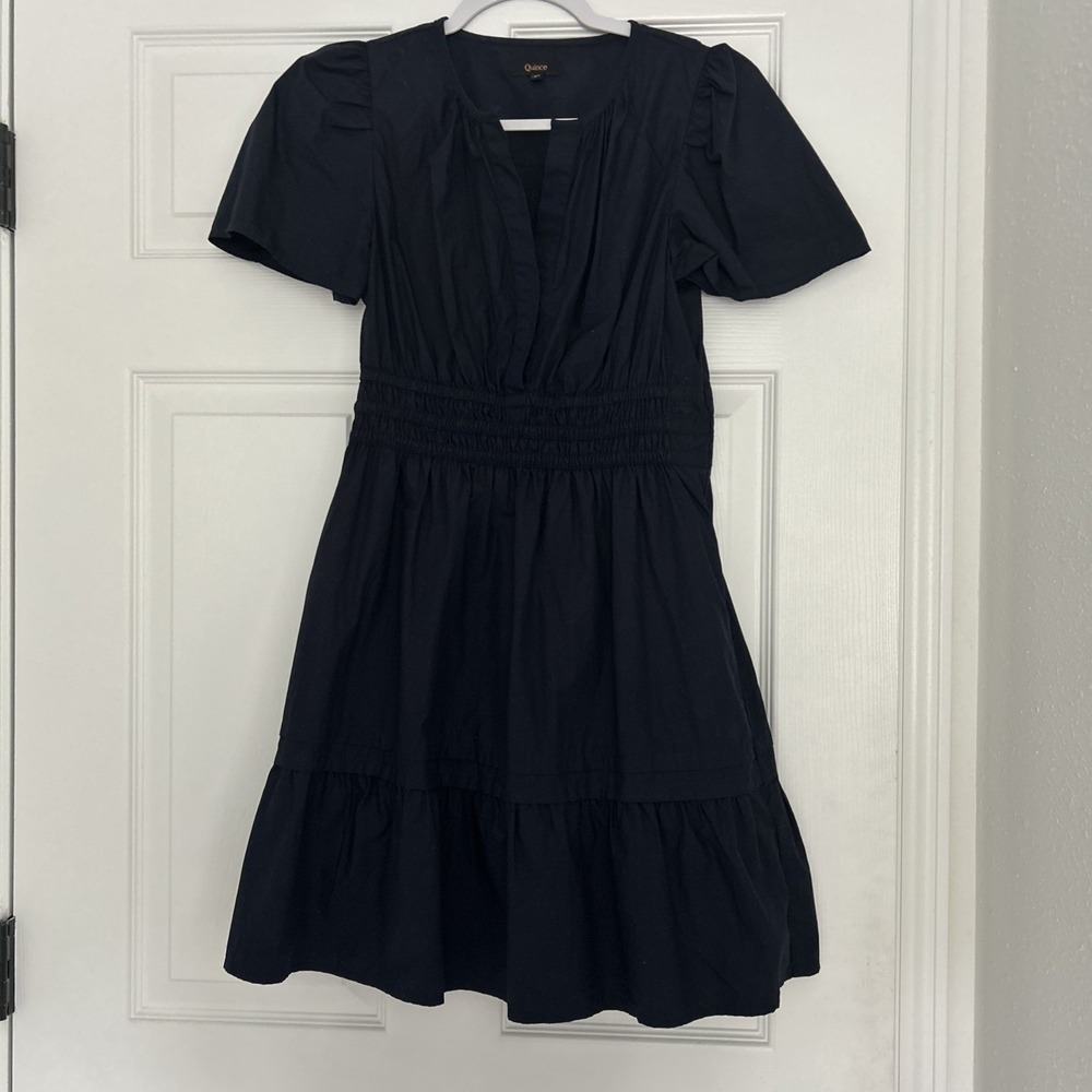 Quince Women 100% Organic Cotton Poplin Tiered Mini Dress Navy XS